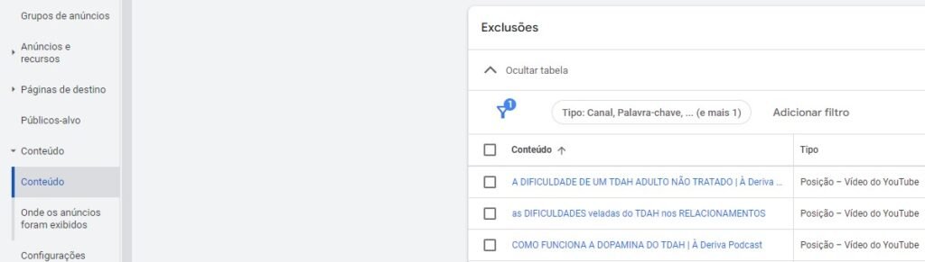 youtube ads exclusão de vídeos