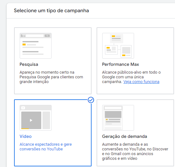 google ads campanha tipo vídeo