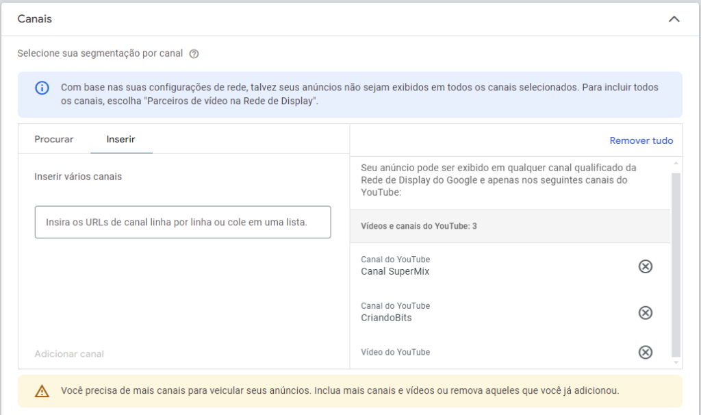 google ads stream segmentação canais vídeos
