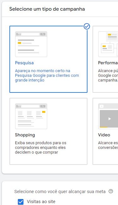 google ads objetivo de vendas e visitas ao site
