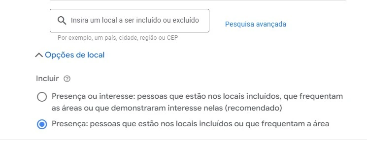 google ads opções de locais