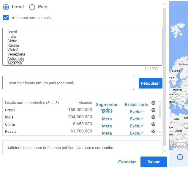 segmentação de países no google ads