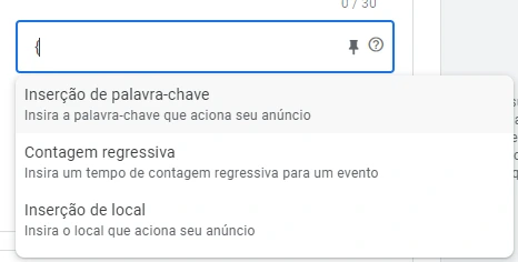 google ads inserção de palavras-chaves