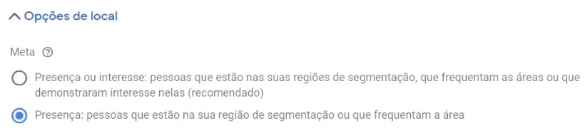 google ads opções de local presença