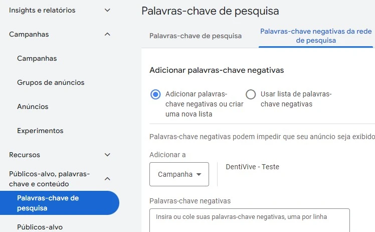 google ads palavras-chave negativas