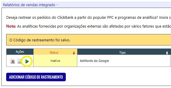 ativar código de rastreamento clickbank