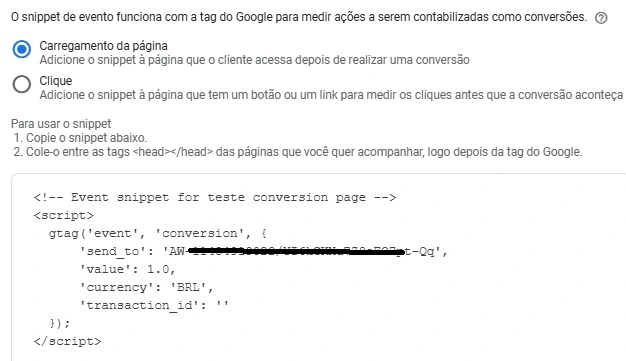 snippet de evento do google ads