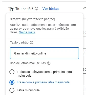 inserção dinâmica de palavras-chaves google ads