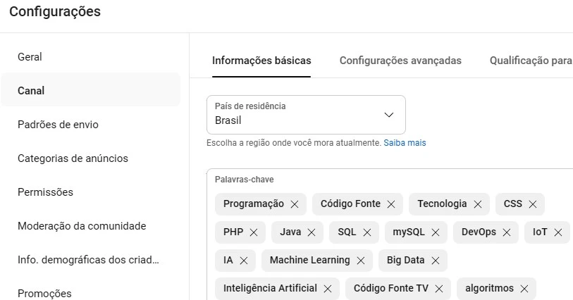 configurações de tags no youtube