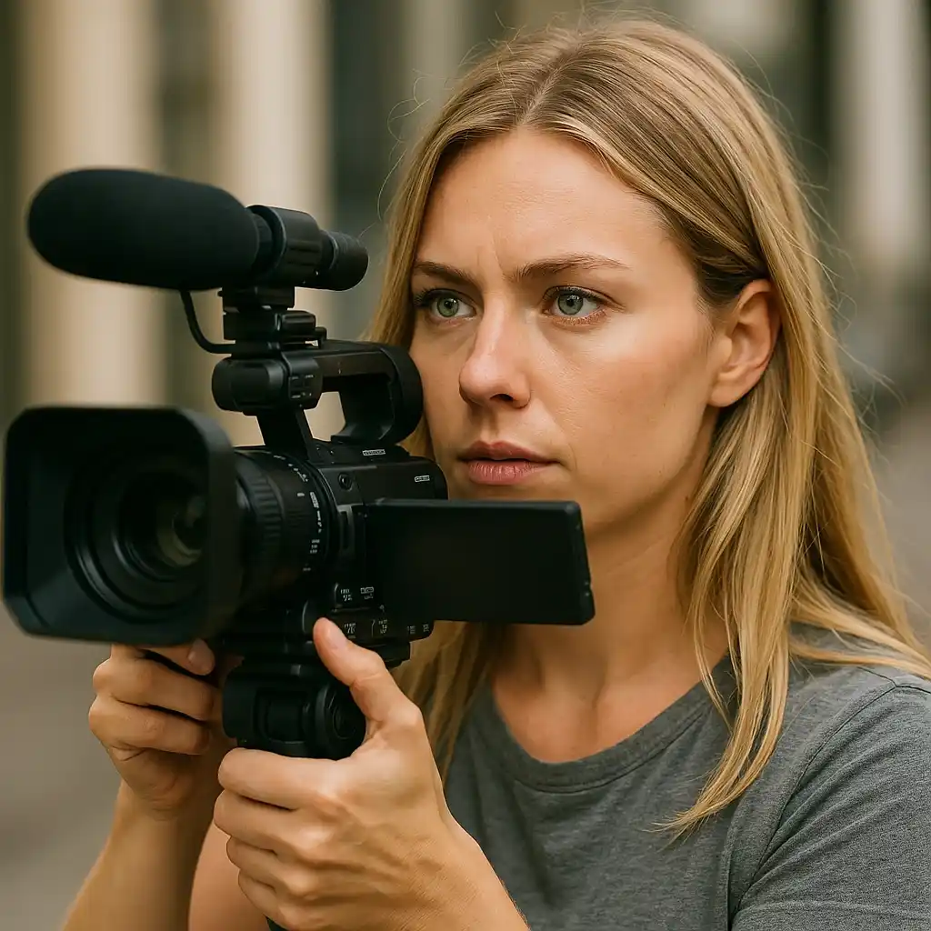 fotógrafa com câmera na mão