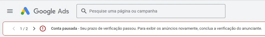 aviso de conta pausada do google ads por operações comerciais